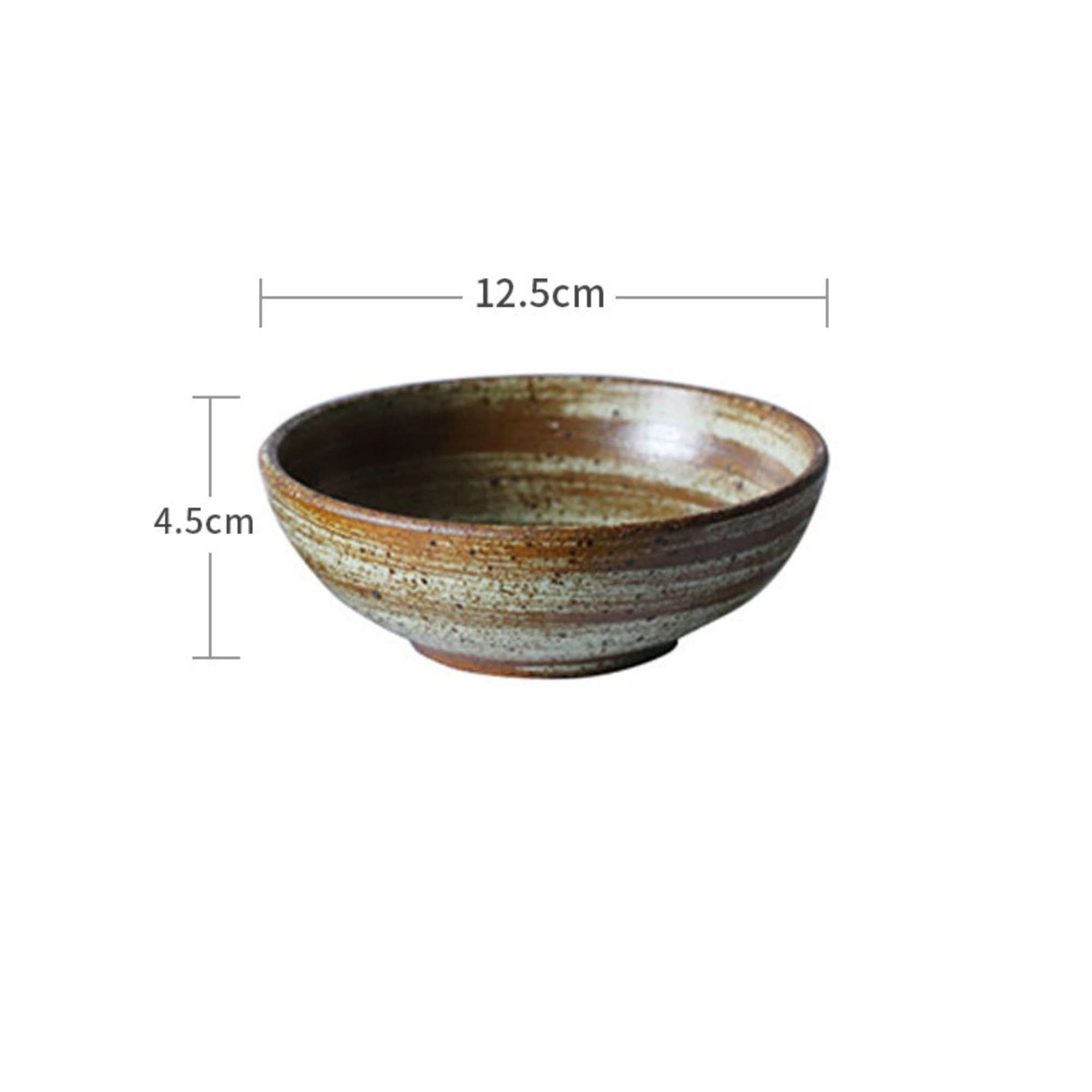 Rustic dinnerware bowl with white and brown spiral glaze, showing dimensions 12.5cm x 4.5cm.