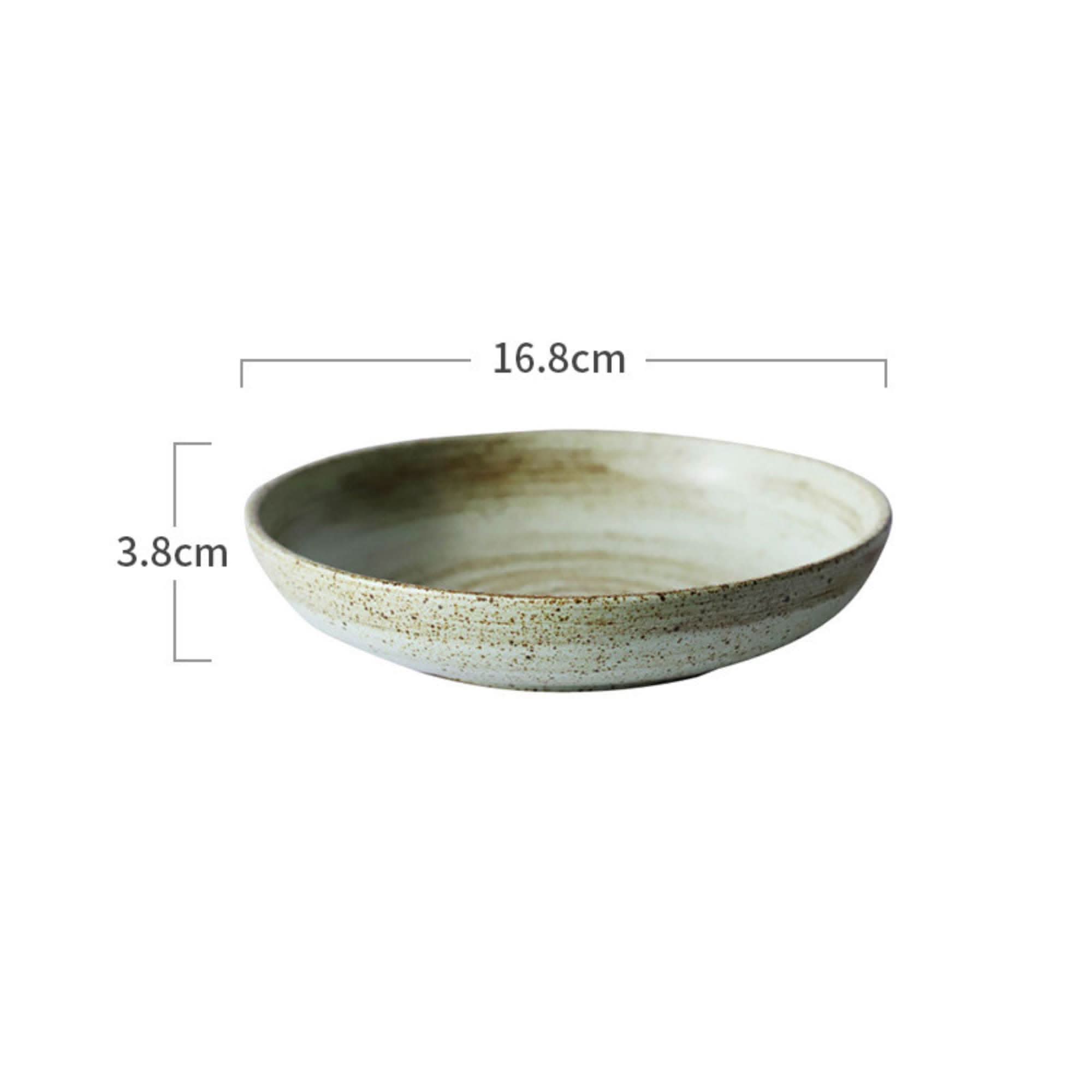 Rustic dinnerware bowl with white & brown spiral glaze, 16.8cm diameter, 3.8cm height.