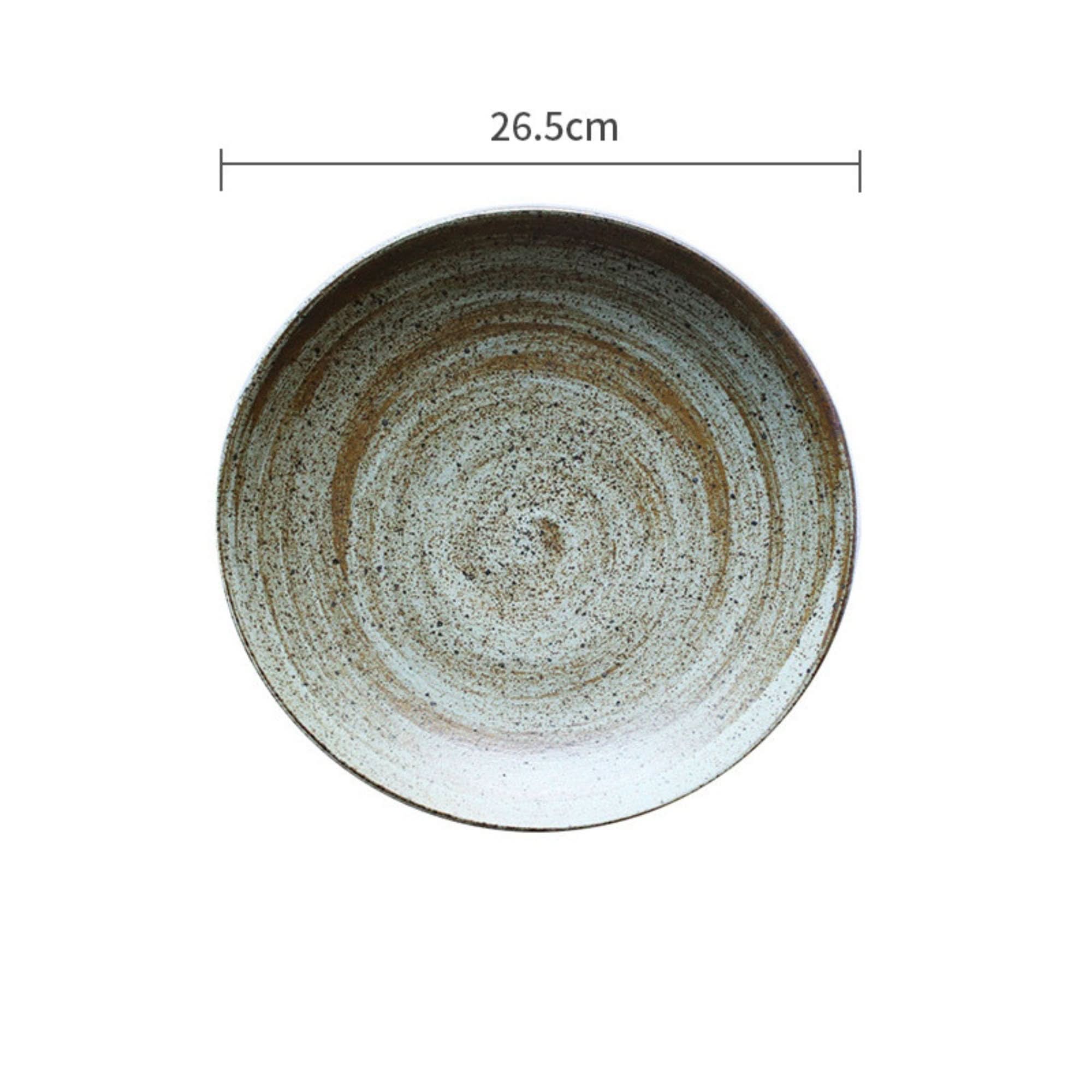 Rustic dinnerware plate in white and brown spiral glaze, 26.5cm diameter.