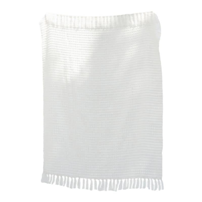 White chenille hand-loomed mud cloth blanket with fringe detail, perfect for sofa or bedside.