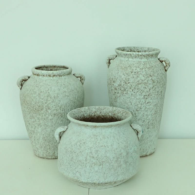 Textured white clay pot for plants, home decor, in various sizes with handles.