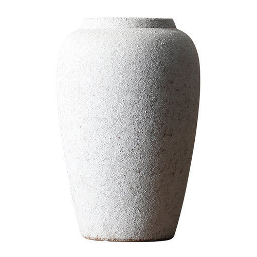 White Rounded Clay Pot Dried Flower Ceramic Vase With Rough Texture - -