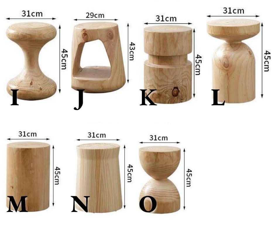 Various solid wood stools, customizable size, natural wood finish, home decor.