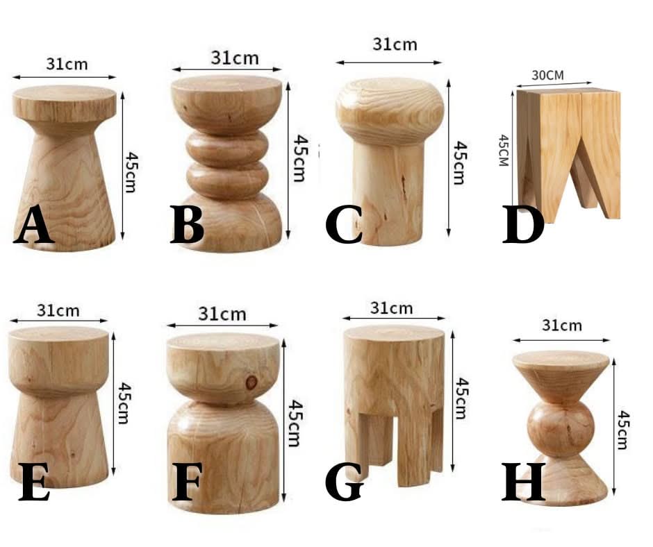 Eight solid wood stools, customizable size, natural finish, various modern designs.