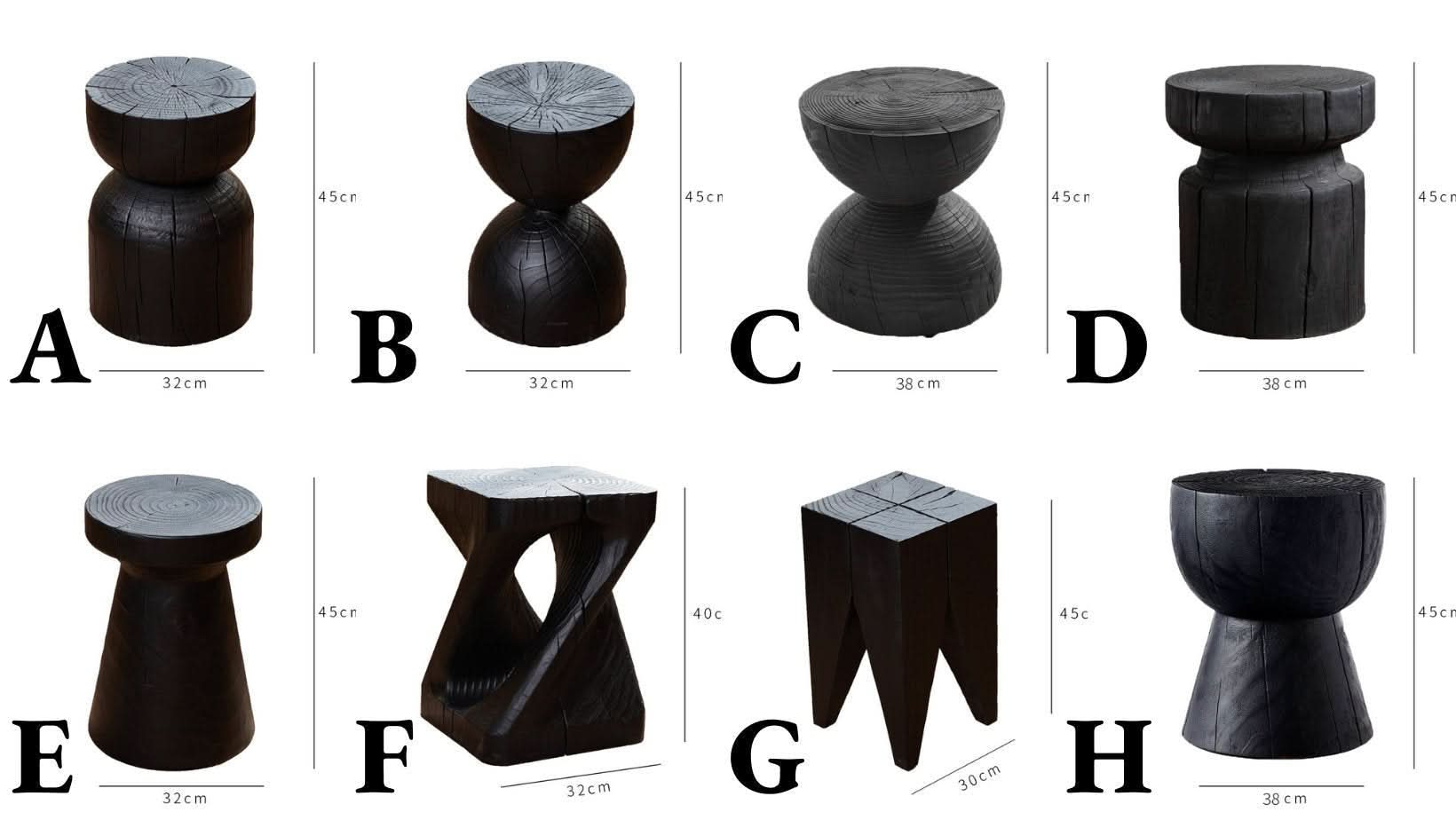 Black wood stool, carved wooden home decor accent piece, various styles shown.