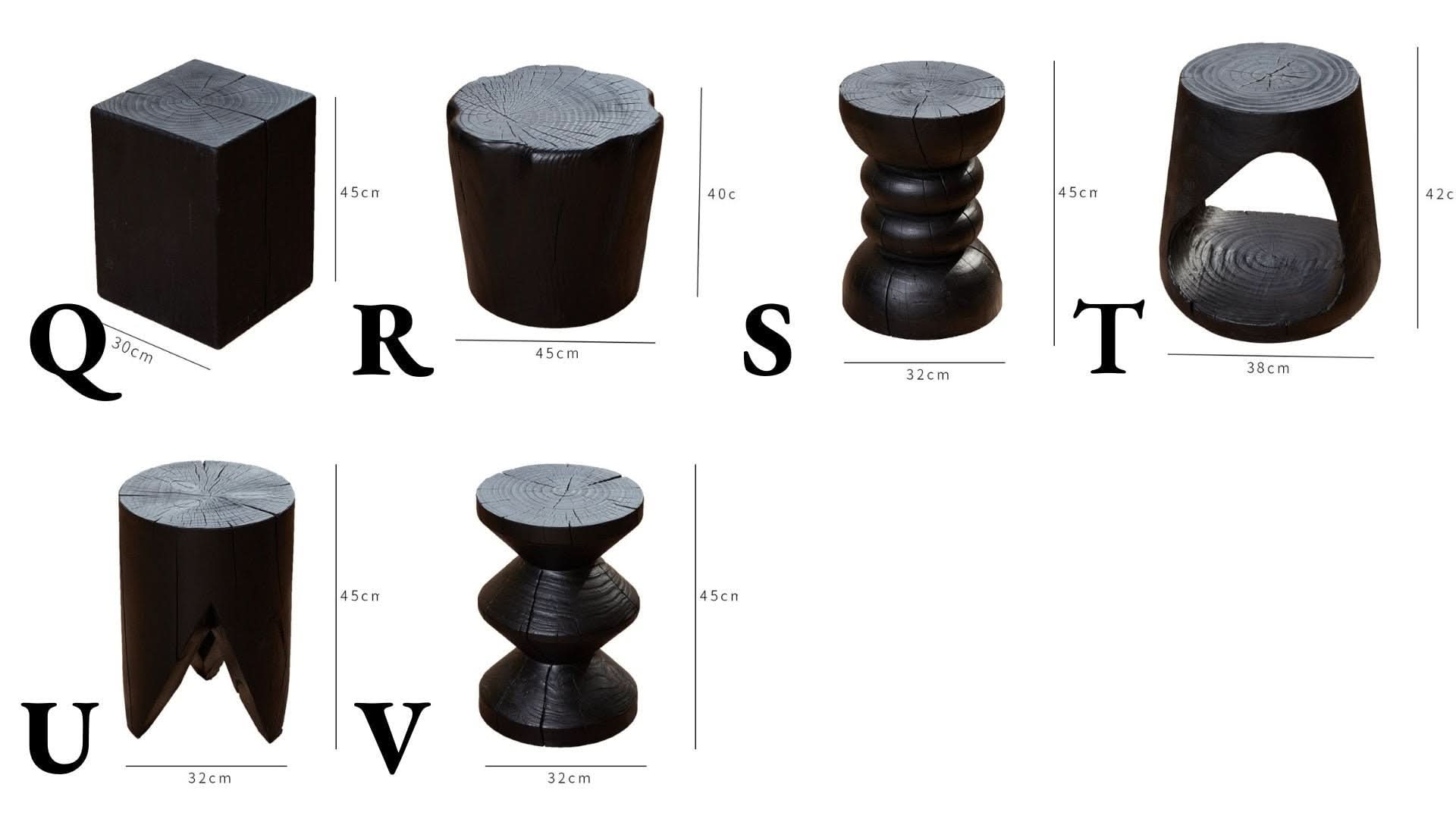 Black wood stool collection with various designs and dimensions for home decor.