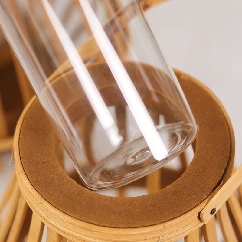 Wooden candle holder with glass windproof lamp ornament, natural home decor accent.