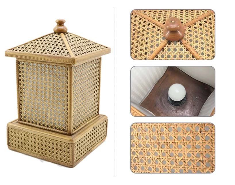 Handmade rattan table lamp in natural wood color, lantern shape, with detailed weave.