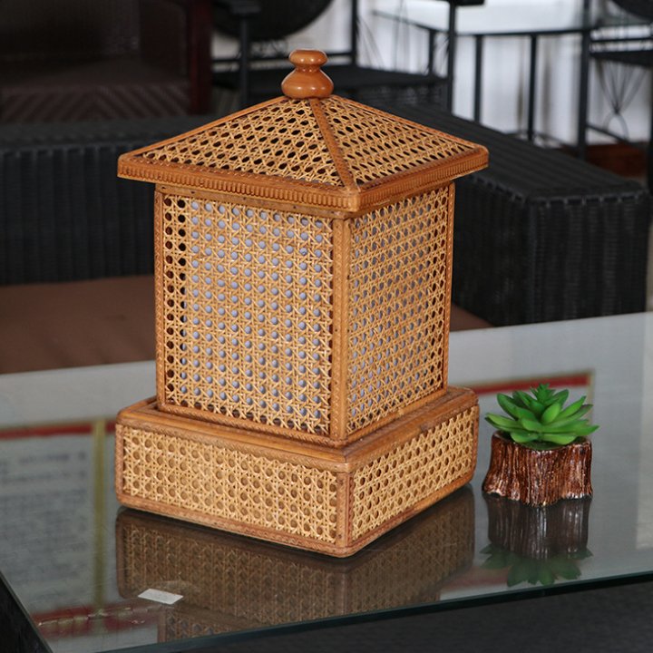 Wooden Lantern Shaped Handmade Rattan Table Lamp - -