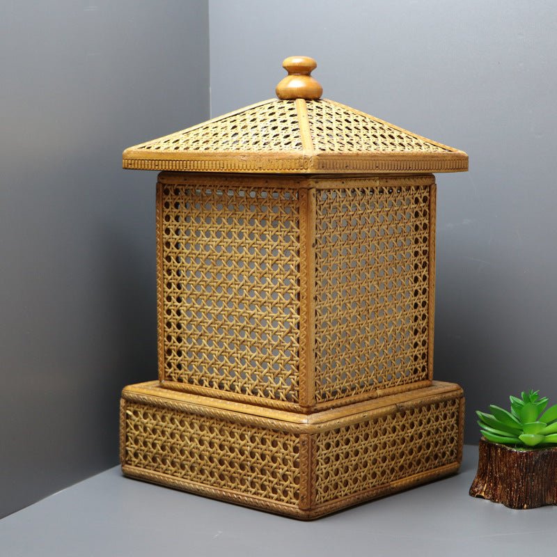 Wooden Lantern Shaped Handmade Rattan Table Lamp - -
