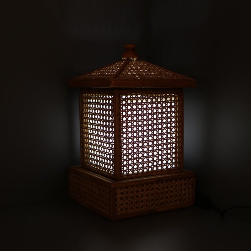 Wooden Lantern Shaped Handmade Rattan Table Lamp - -