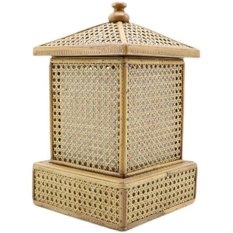 Handmade rattan table lamp in wooden lantern shape, natural woven cane and wood accents.