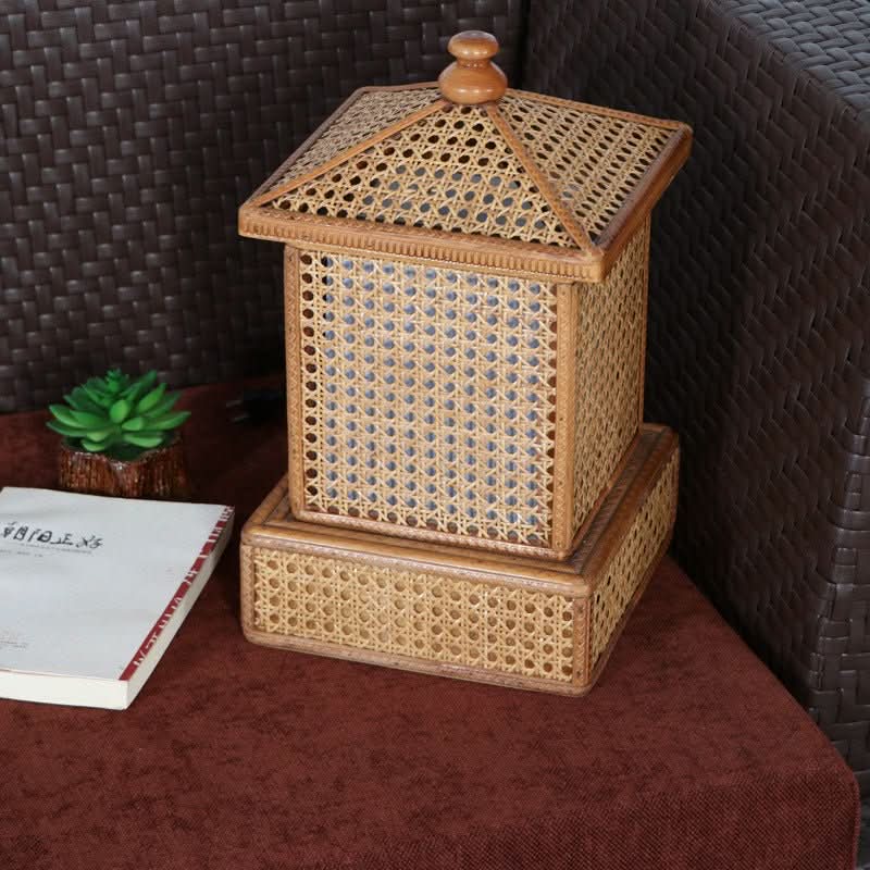 Natural woven rattan table lamp with wooden accents, lantern shape, home decor accent.