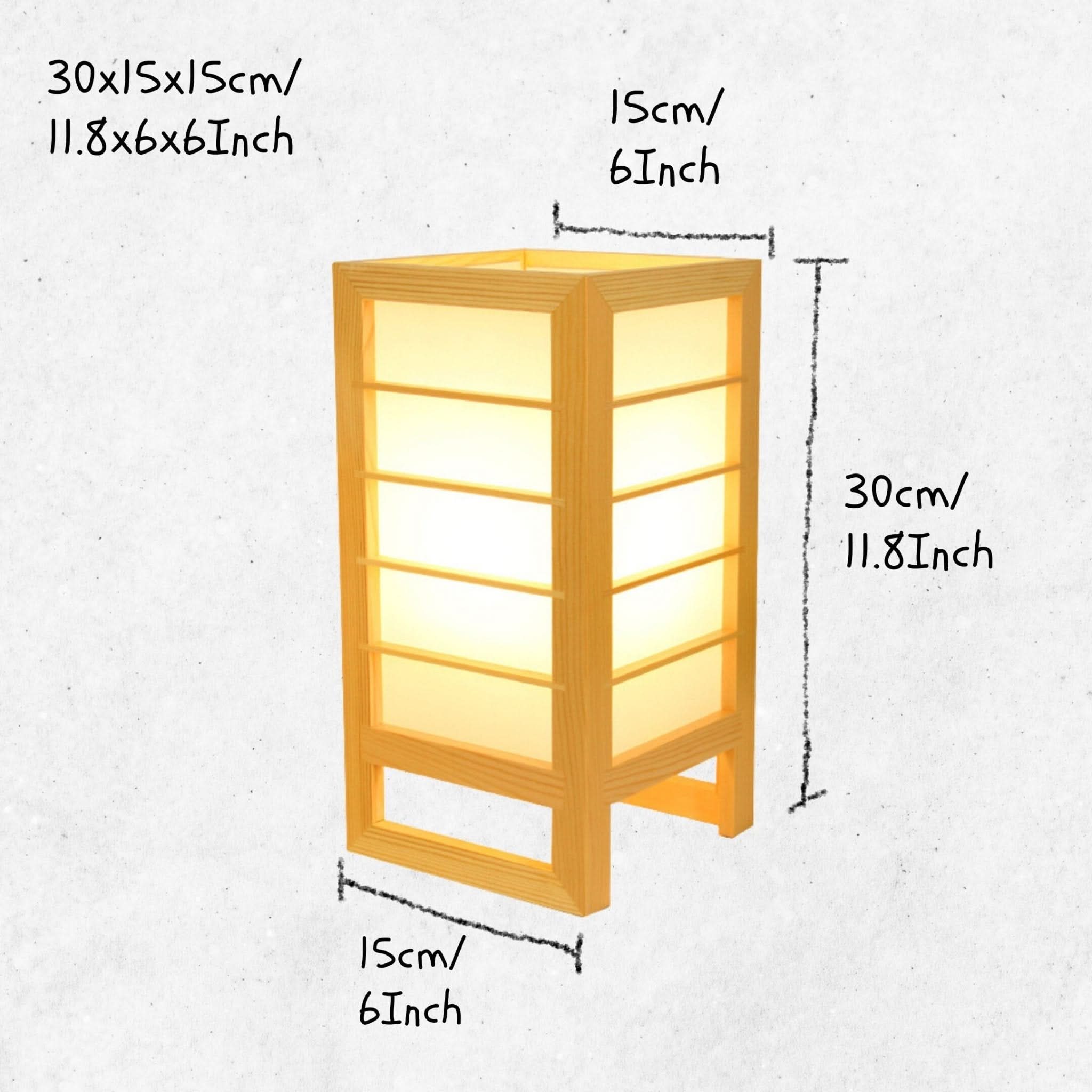 Wooden Shoji bedside lamp with a light wood frame and illuminated panels.
