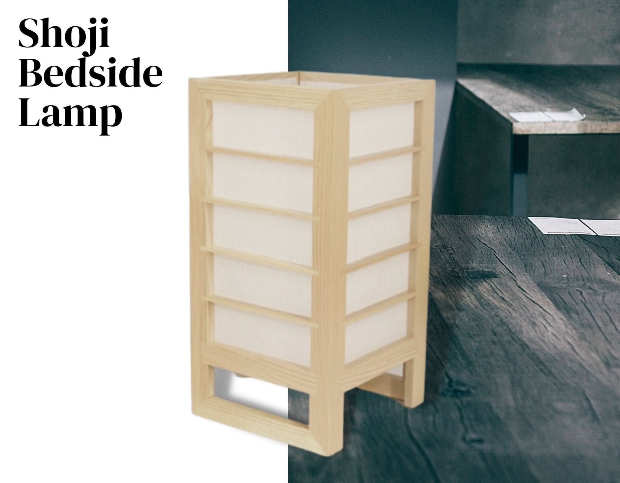 Wooden Shoji Bedside Lamp with white diffuser on dark wood table