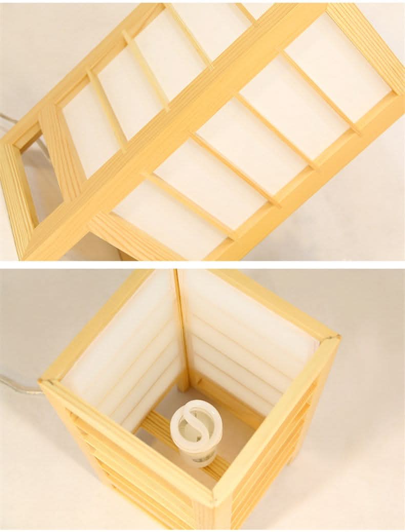 Wooden Shoji bedside lamp with natural wood and white paneling, perfect for mid-century decor.