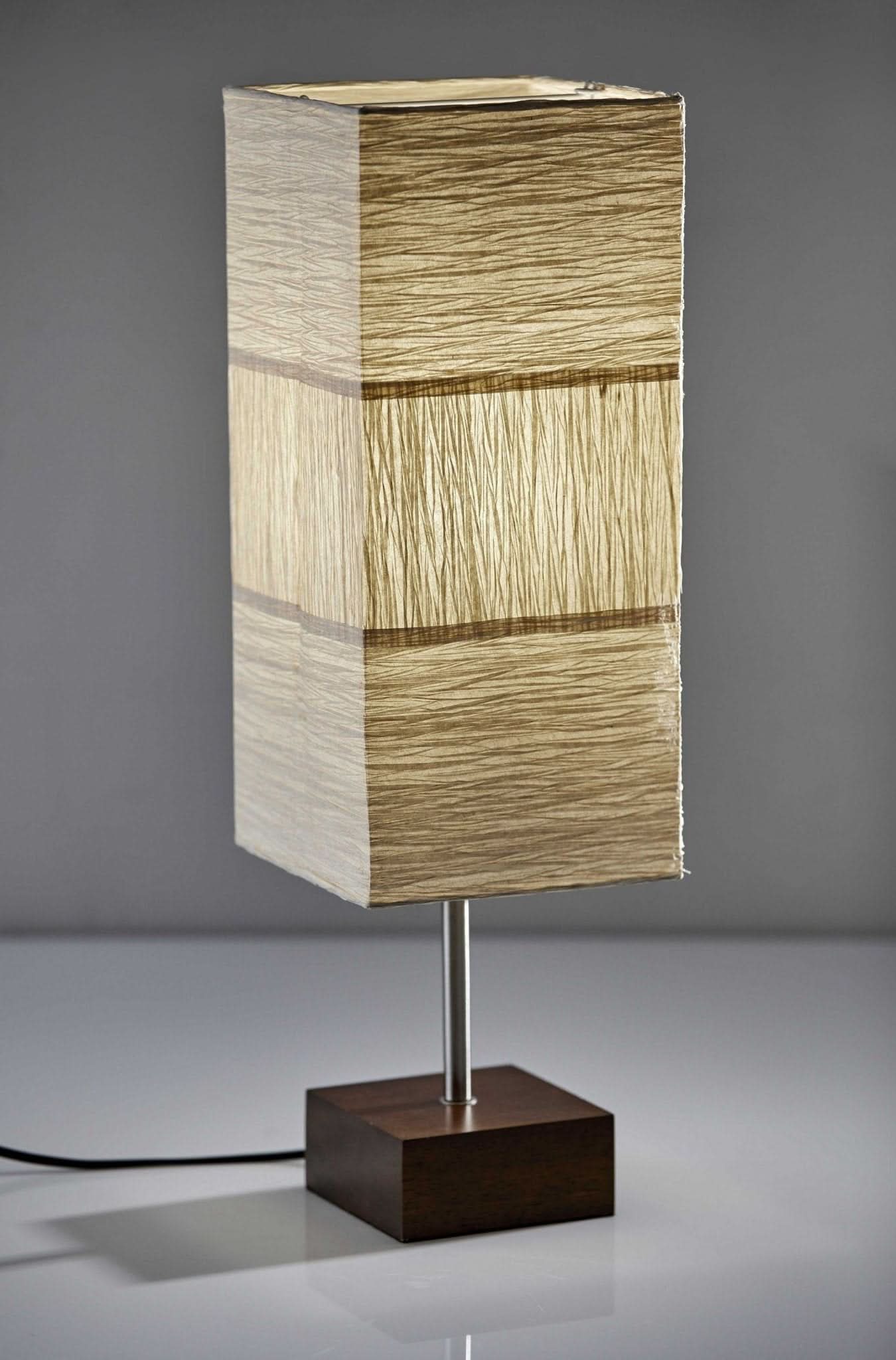 ZigZag Tan Paper Shade Table Lamp with walnut base, Japanese-Scandinavian style.
